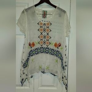 🌼Beautiful Johnny Was M (Oversized) Embroidered Eyelet Tunic Top EUC